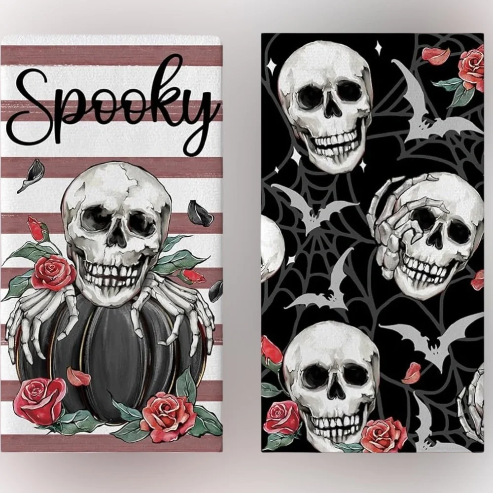 NWT Gothic Skull & Roses Hand Towel Set – 2-Pack • Spooky • Goth Decor • Sealed